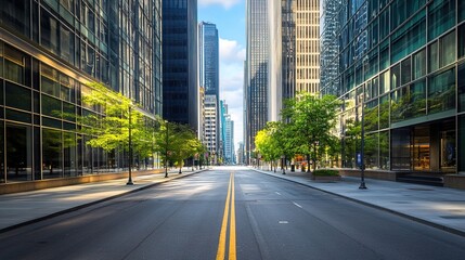 Obraz premium Close up clean empty road on modern office of city building buildings. AI generated image