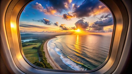 Beautiful coastline sunset viewed from airplane window , sunset, coastline, beautiful, view, window, airplane, travel, ocean, horizon