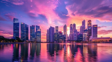 Fototapeta premium A dynamic cityscape at dusk with the sky painted in shades of pink and purple, skyscrapers reflecting the colors, and city lights beginning to twinkle, showcasing the beauty of an urban sunset