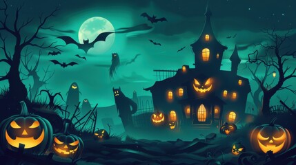 A spooky Halloween background with a dark and eerie atmosphere, showcasing a haunted house with glowing jack-o'-lanterns, bats flying in the night sky, and ghostly figures lurking in the shadows