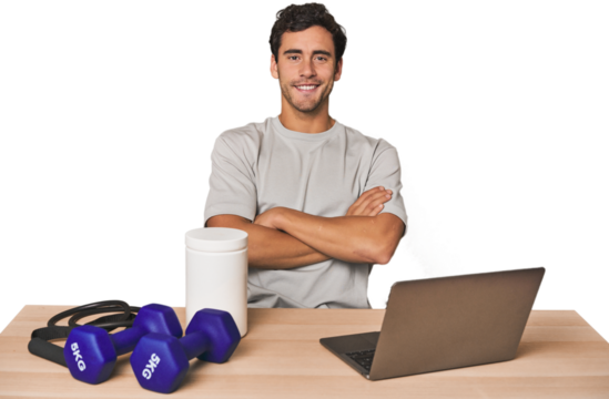 Hispanic trainer planning workout who feels confident, crossing arms with determination. - Powered by Adobe