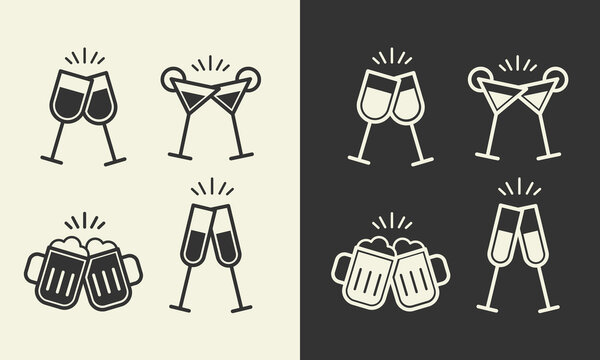 Alcohol cheers set.Two glasses of beer,wine,cocktail,sparkling wine icons.Friendship concept.Two toasting mugs,wineglasses clink symbol.Editable stroke.Transparent background.vector illustration EPS10