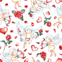 Seamless pattern with cute cupids with bow, arrows, hearts and roses. Hand-drawn watercolor illustration. For Valentine's day and wedding. For postcards, textiles, wrapping paper, packaging.