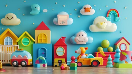 Obraz premium Colorful Toy Scene with Building Blocks and Cloud Wall Decor