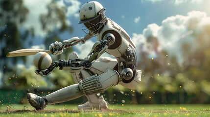 Robot Cricketer Hitting Ball: A robot cricketer executing a perfect stroke, sending the ball flying across the field.