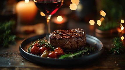A beautifully plated steak with vibrant tomatoes and a glass of red wine, perfect for a romantic dinner or fine dining experience.