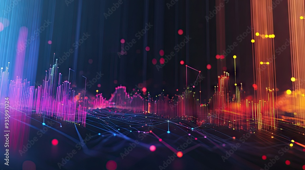 Poster colorful abstract 3d financial graph with intersecting lines and bars against a dark backdrop. -