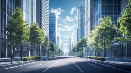 Close up clean empty road on modern office of city building buildings. AI generated image