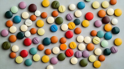Obraz premium Colorful assortment of pills scattering across a light grey backdrop, forming a vibrant and dynamic arrangement.