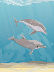 A pair of Common bottlenose dolphin swim in warm sea water. Realistic vector vertical underwater landscape