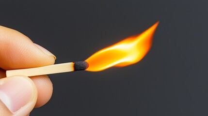 A person is holding a matchstick with a lit flame. Concept of danger and caution, as the person is holding the matchstick close to their face. The flame is small but intense