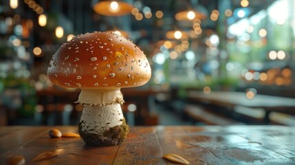 A fancy mushroom in the center of a restaurant, surrounded by ambient lighting and blurred chairs.