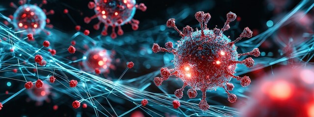 3D rendering of monkeypox virus particles surrounded by immune cells