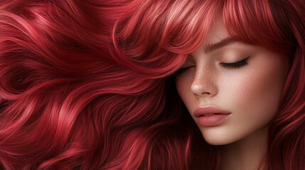 Obraz premium A young woman with luscious, flowing red hair and delicate freckles closes her eyes, exuding serenity and beauty.