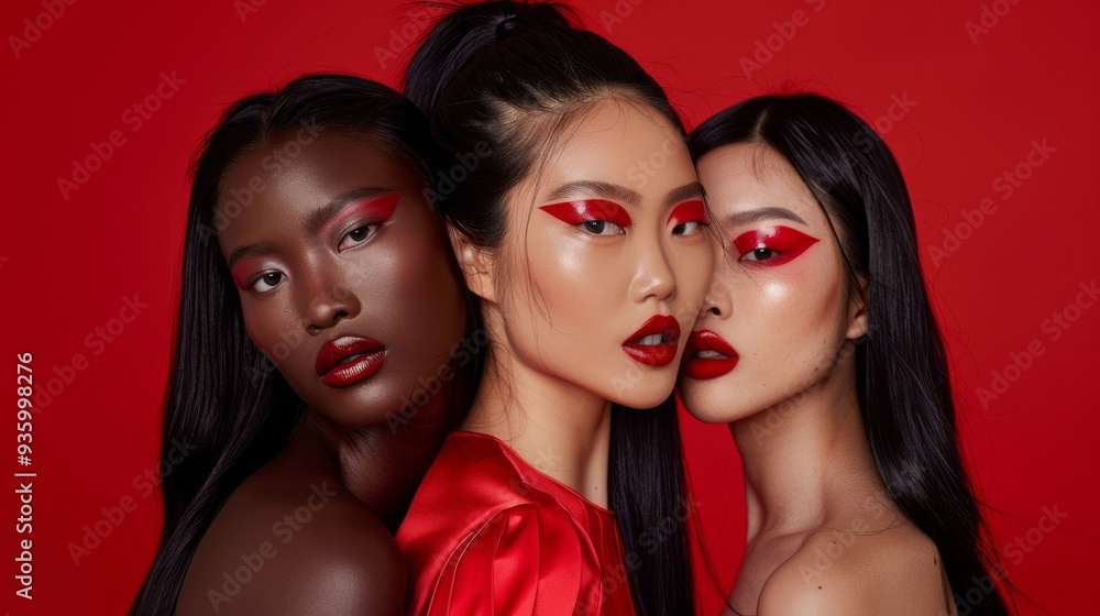 Poster in a striking display of beauty, three models radiate confidence with dramatic makeup and coordinate
