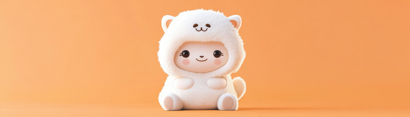Cute plush toy in fluffy white outfit, smiling joyfully against an orange background.