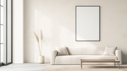 A white couch sits in front of a blank wall
