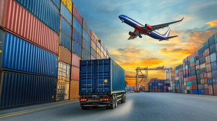 container truck in shipping port and cargo plane flying above