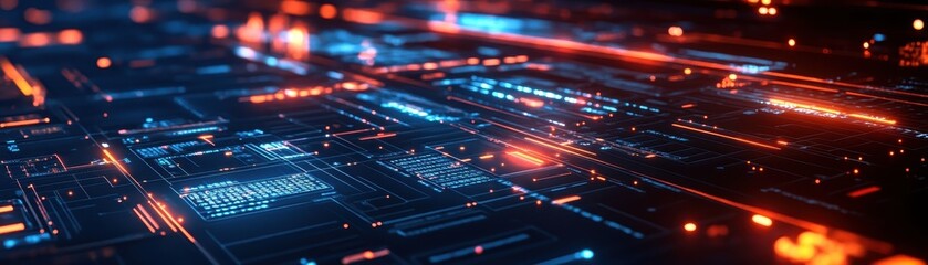 Futuristic Digital Circuit Board with Glowing Neon Lights and High-Tech Elements in a Dark Background