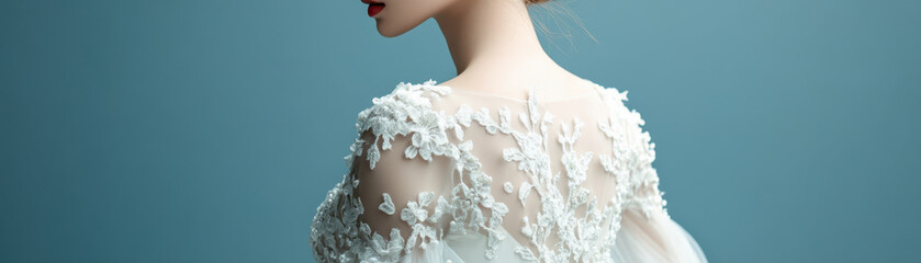 Elegant bride in detailed lace wedding dress, showcasing intricate embroidery and serene expression.