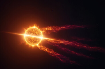 Obraz premium A bright, fiery star burns in the darkness of space, spewing out massive jets of plasma