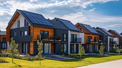 Modern eco-friendly multifamily homes fitted with photovoltaic cells. copy space for text.