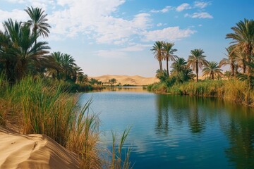 Obraz premium Peaceful desert oasis with a calm lake surrounded by lush palm trees and vegetation, with sand dunes visible in the distance under a clear blue sky
