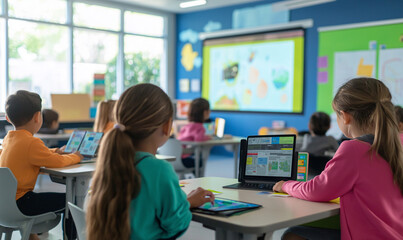 Innovative classroom setting with students using tablets and smartboards, interactive learning environment enhanced by AI-driven technology