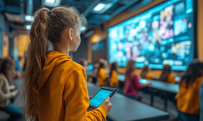 Innovative classroom setting with students using tablets and smartboards, interactive learning environment enhanced by AI-driven technology