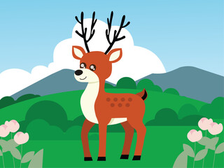 vector illustration of cute deer with backgrounds of grassland scenery