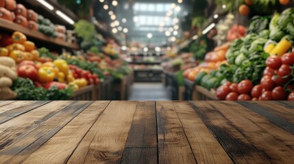 Rustic Wooden Table in Front of Fresh Produce Aisle at a Vibrant Farmers Market with Colorful Vegetables and Fruits