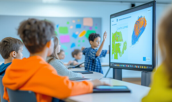 Innovative classroom setting with students using tablets and smartboards, interactive learning environment enhanced by AI-driven technology