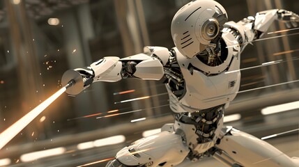 Fototapeta premium Robot Fencer in Duel: A nimble robot fencer engaging in a fast-paced duel, sword raised. 