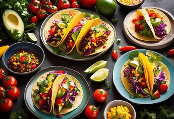 vibrant tacos displayed striking ceramic plates bright colors fresh ingredients, food, presentation, culinary, dish, gourmet, snack, texture, design, style