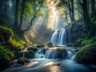 Obraz premium whispering shadows cascading silky water mist dark forest intimate macro shot soft ethereal warm nostalgic dreamy sorrow melancholic poetic