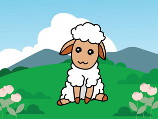 Vector illustration of cute sheep with a Landscape Background