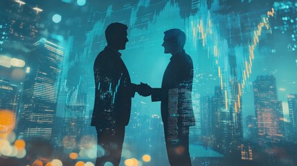 Fototapeta premium Double exposure of financial chart on cityscape background with two businessmen handshake. Concept of financial analysis and investment opportunities -
