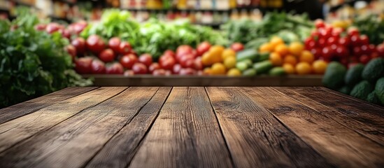Rustic Wooden Table in Front of Fresh Produce Display at a Grocery Store