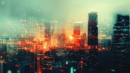 Fototapeta premium Double exposure of modern cityscape and electric circuit.