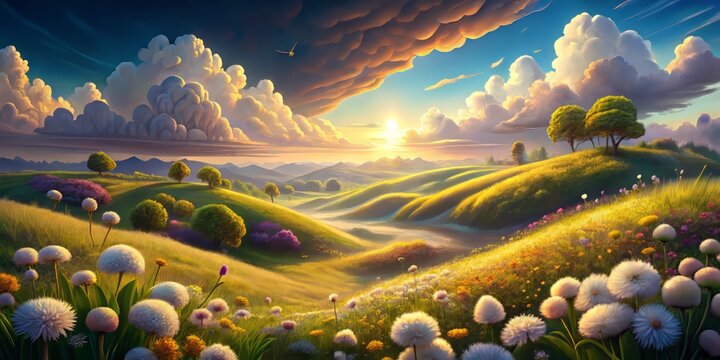 dreamy surrealistic landscape rolling hills fluffy white clouds vibrant wildflowers warm golden light 3D vector art whimsical fantastical peaceful atmosphere