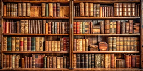 A dusty old bookshelf filled with antique Western books, antique, old, dusty, vintage, bookshelf, Western, books