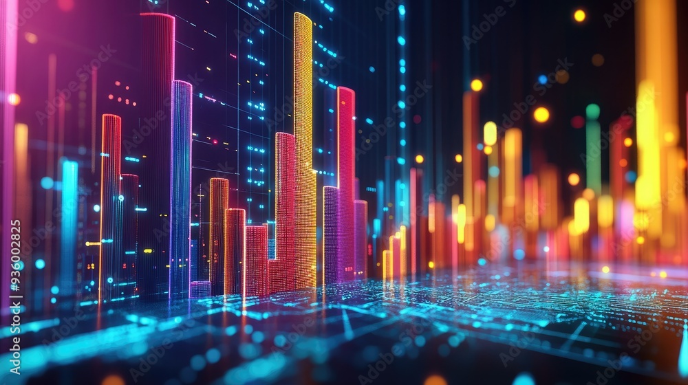 Poster dynamic 3d financial graph with abstract geometric shapes representing data trends.