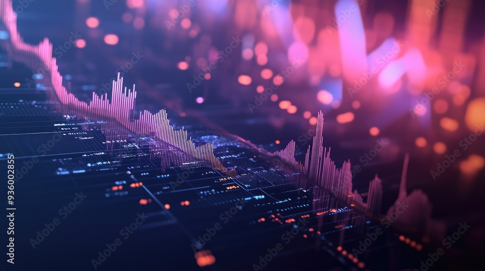 Poster dynamic 3d financial graph with abstract geometric shapes representing data trends.