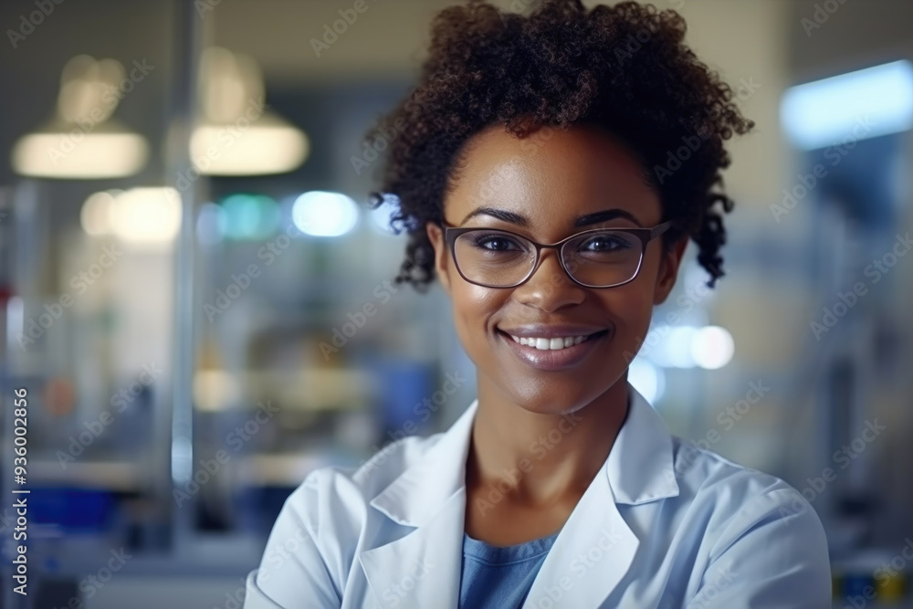Poster a scientist in a lab is engaged in research, displaying confidence and enthusiasm while surrounded b