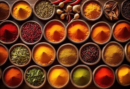 vibrant display boldly colored spices artfully arranged eye catching composition, arrangement, design, pattern, texture, contrast, ingredients, culinary