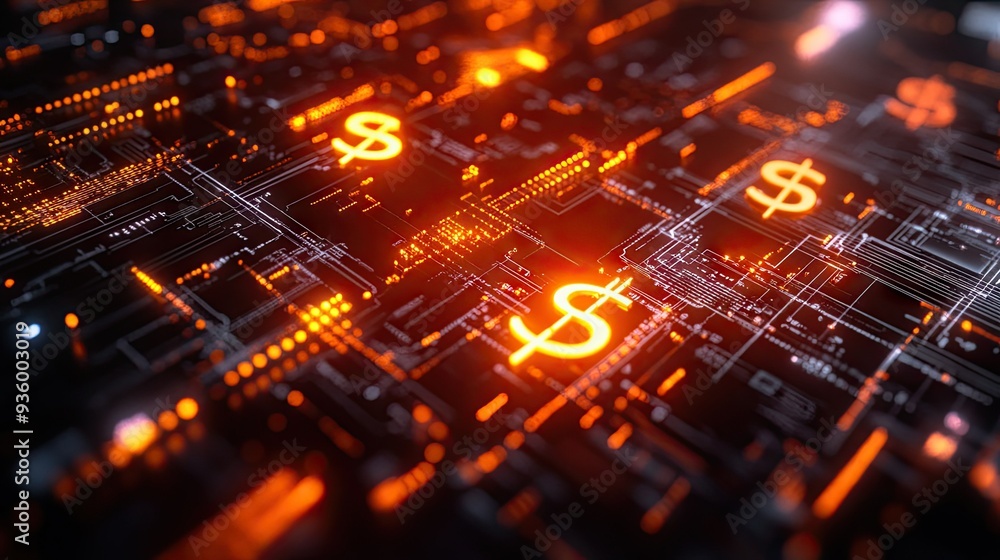 Poster dynamic 3d financial network with glowing interconnected currency symbols and a high-tech look.