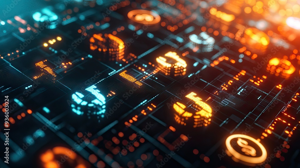 Poster dynamic 3d financial network with glowing interconnected currency symbols and a high-tech look.