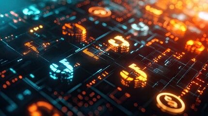 Dynamic 3D financial network with glowing interconnected currency symbols and a high-tech look.