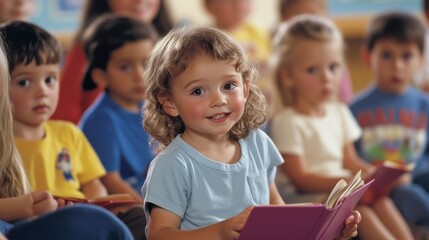Fototapeta na wymiar Young children in a bright, colorful classroom participating in a storytime session with a teacher reading aloud their wide-eyed attention and the engaging storytelling atmosphere showcase the magic