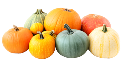 group of pumpkins in various shape, color and size. Halloween Concept.
